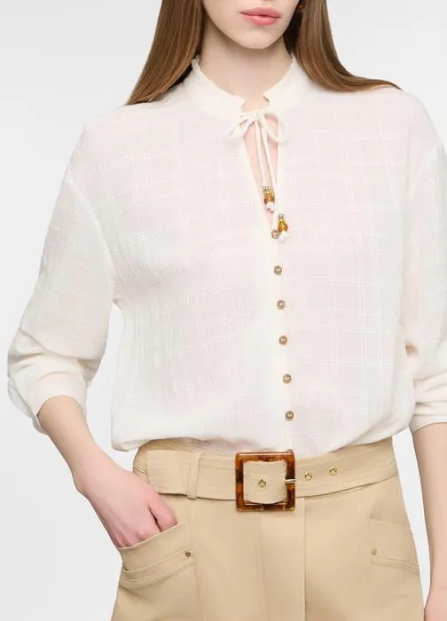 Camicia fit over con scollo a V in puro cotone dobby donna